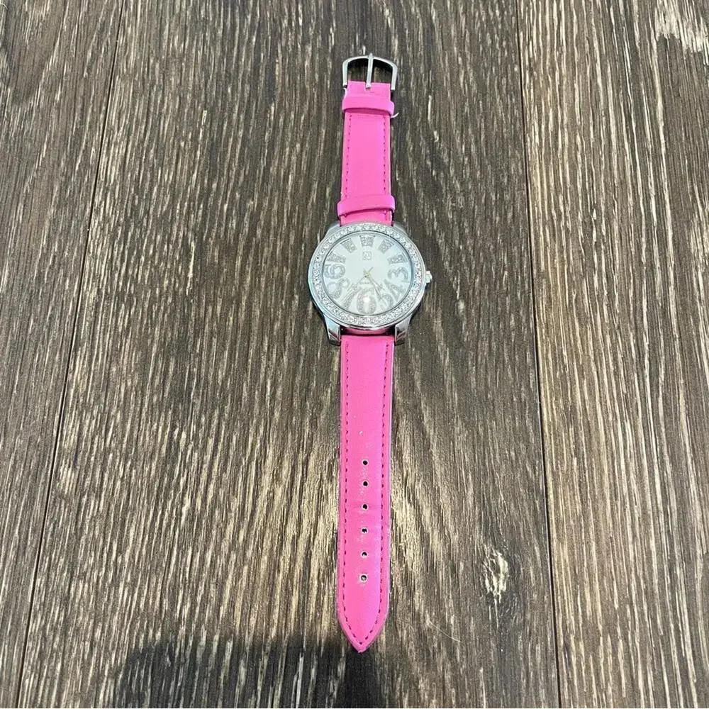NY&CO Bright Pink Leather Band Watch w/ Rhinestone Face